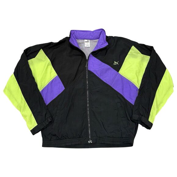 Vintage 90s Puma Windbreaker Jacket Size M Neon Purple Green Black Hood Track - Picture 1 of 5